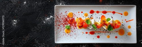 3d background minimalistic mockup with space for text, gourmet plated dish with colorful sauces artistically splattered