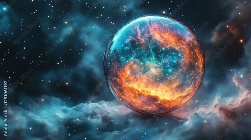 Obraz premium Stunning Cosmic Sphere Surrounded by Colorful Nebula and Stars in a Deep Space Background