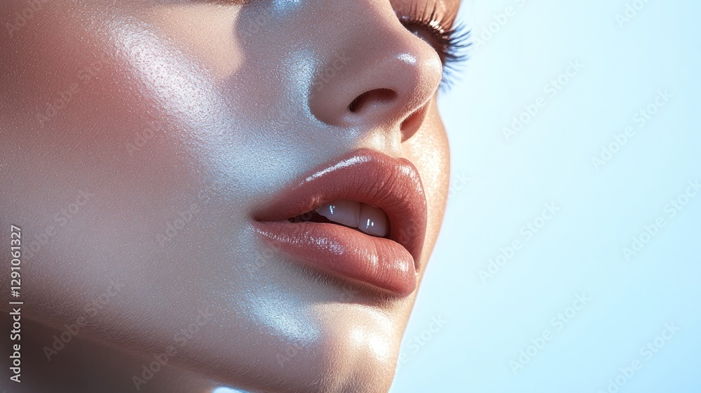 Obraz premium Close-up of a woman's face highlighting glossy lips and smooth skin