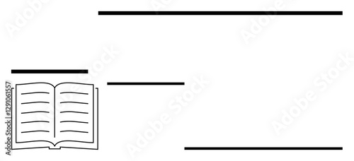Open book illustration paired with horizontal lines for text or design use. Ideal for education, writing, publishing, creativity, organization, learning, abstract line flat metaphor