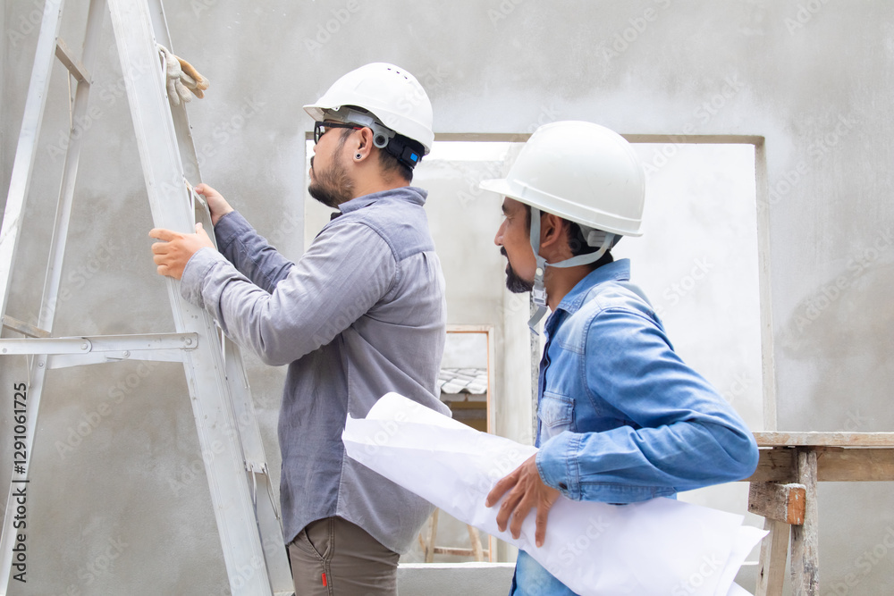 Two construction workers, architect, engineer, contractors clad in safety helmets and glasses, engage solving problem discussion and pointing roof or ceiling of the construction site, safety planning Two construction workers, architect, engineer, contractors clad in safety helmets and glasses, engage solving problem discussion and pointing roof or ceiling of the construction site, safety planning
