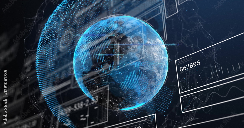 Fototapeta premium Image of data processing and globe on black background