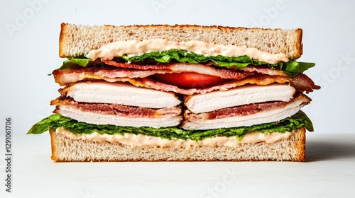 Layered sandwich showcasing crispy bacon, fresh lettuce, and jui