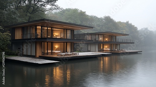 Two modern lake houses with decks, fog, and trees.
