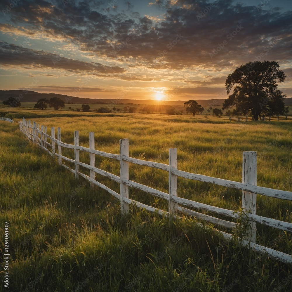 Obraz premium A dreamy sunset over a lush grassland, with a white wooden fence stretching across the scene.