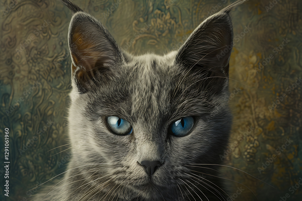 Fototapeta premium cat photography, a russian manx cat with striking blue eyes and soft grey fur is showcased against a muted forest green background, accentuating its tail and coat texture