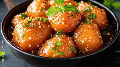 Sweet potato balls in glaze, garnished, dark bowl photo