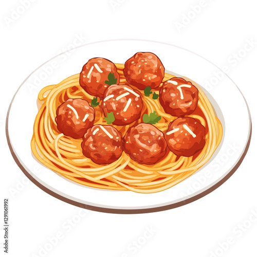 Minimalist flat illustration of Meatballs and spaghetti, featuring a clean design isolated on a white background.

