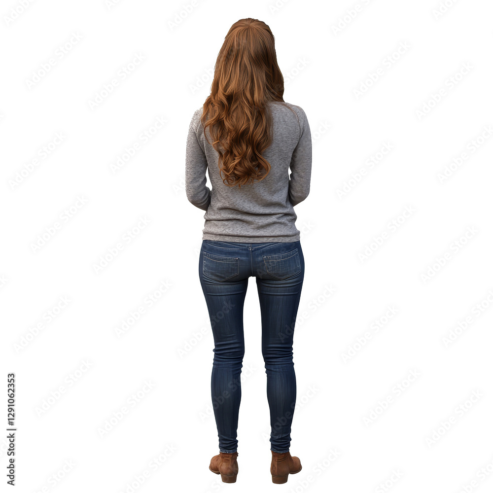 Young woman with long hair in casual attire standing in a relaxed pose indoors during daytime, Young woman standing back view PNG file no background Young woman with long hair in casual attire standing in a relaxed pose indoors during daytime, Young woman standing back view PNG file no background