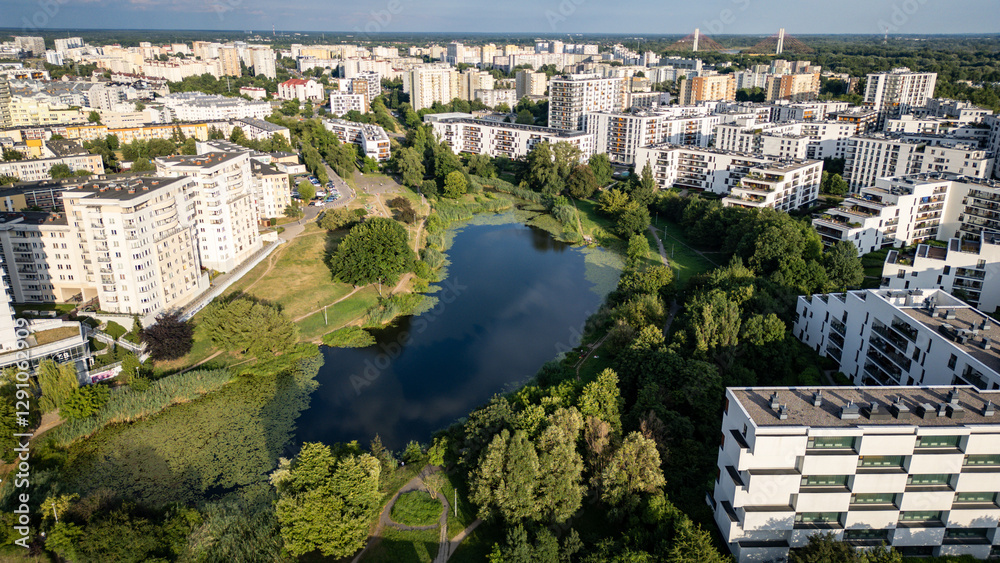 Aerial view of residential buildings over Goclawskie Lake in Goclaw area, subdistrict of Praga-Poludnie, Warsaw city, Poland