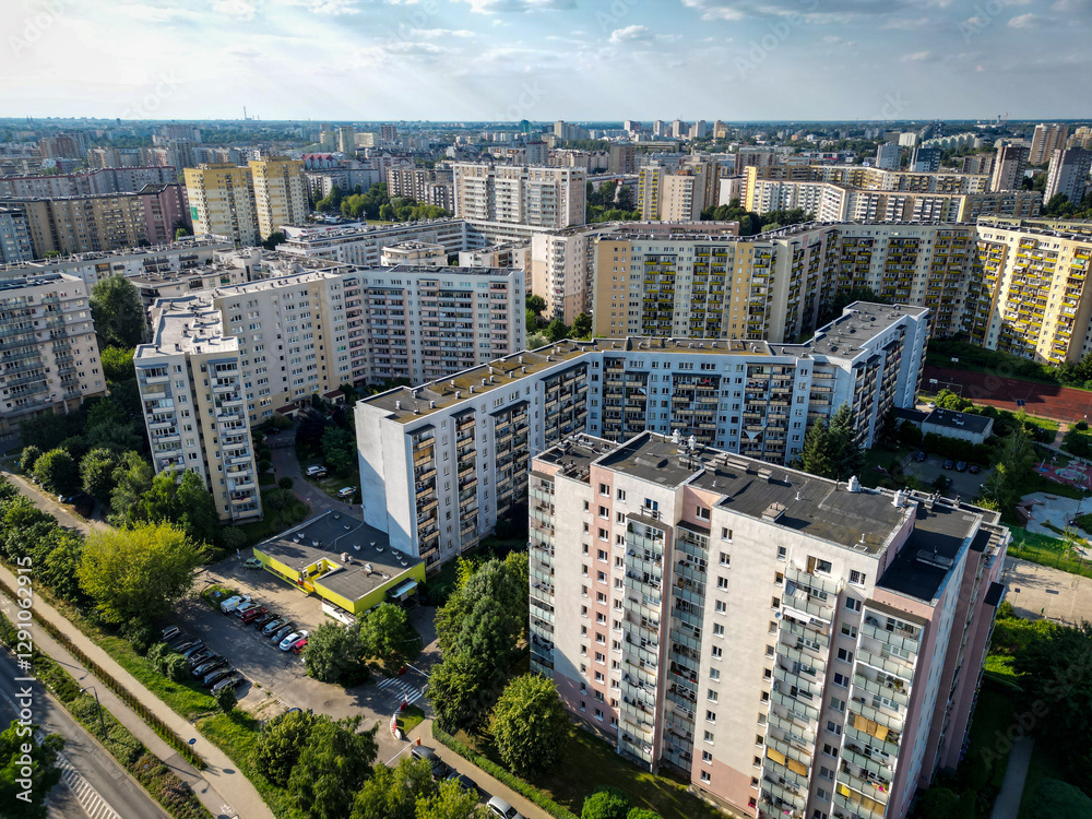 Drone aerial view in Goclaw area of Warsaw city, capital of Poland