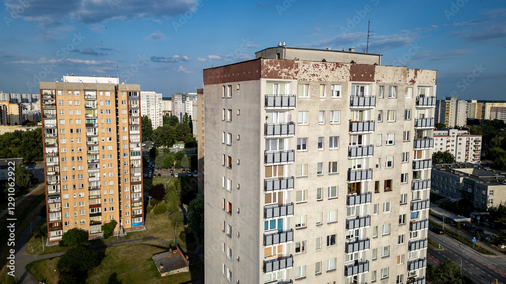 Drone view of old panelak building in Goclaw area, part of Praga Poludnie district of Warsaw