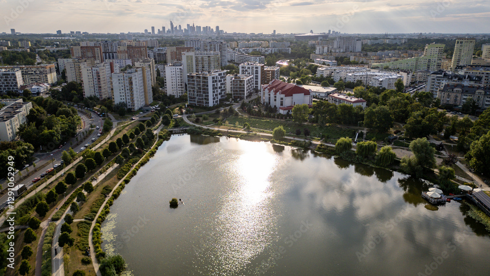 Residential buildings over Balaton Lake in Goclaw area, subdistrict of Praga-Poludnie, Warsaw city, Poland