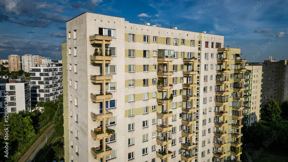 Old residential buildings in Goclaw area of Warsaw city, capital of Poland