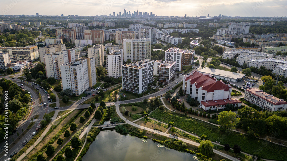 Residential buildings over Balaton Lake in Goclaw area, subdistrict of Praga-Poludnie, Warsaw city, Poland