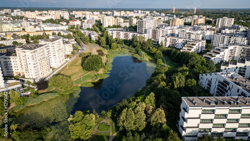 Obraz na płótnie Aerial view of residential buildings over Goclawskie Lake in Goclaw area, subdistrict of Praga-Poludnie, Warsaw city, Poland w salonie