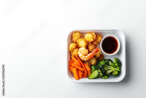 Colorful meal tray featuring shrimp, vegetables, and dipping sau