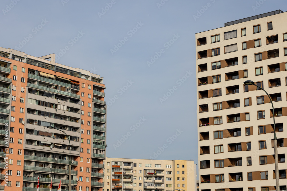 Residential buildings from different periods, from the 80s, beginning of 21st century and contemporary in Goclaw area, Warsaw, Poland