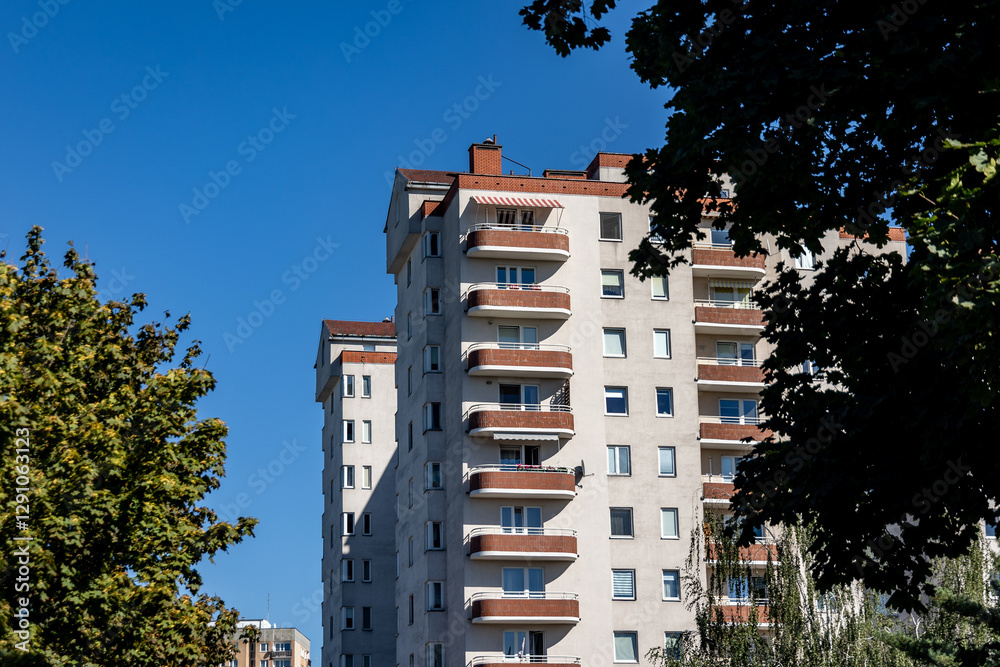 Residential building from 90s in Goclaw area in Warsaw city, capital of Poland