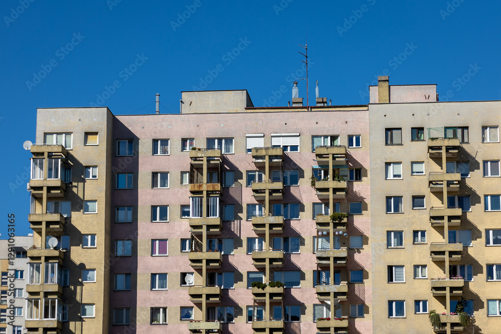 Facade of old type of apartment building. Abrahama Street in Goclaw area of Warsaw, Poland