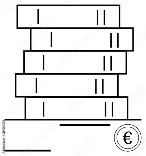 Horizontal stack of books and euro icon. Ideal for finance, knowledge, education, savings concepts, investments, academic growth, global economy. Emphasizes abstract line flat metaphor