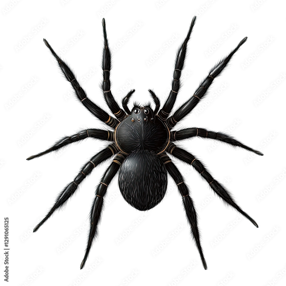 A detailed illustration of a black spider, showcasing its intricate features and textures. A detailed illustration of a black spider, showcasing its intricate features and textures.