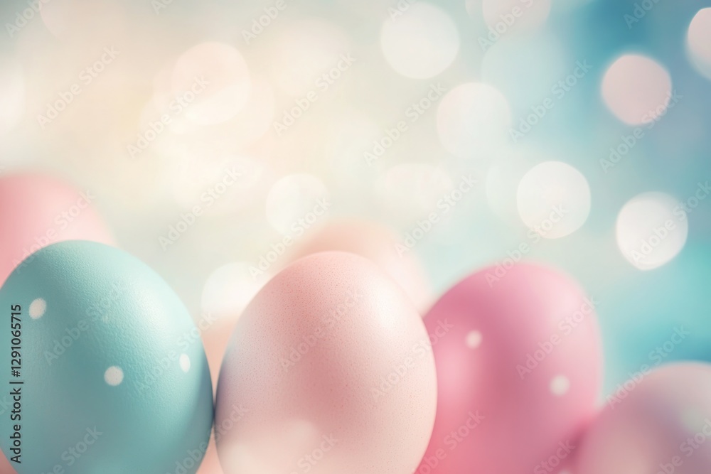 Colorful easter eggs on pastel blue background with bokeh effect Colorful easter eggs on pastel blue background with bokeh effect