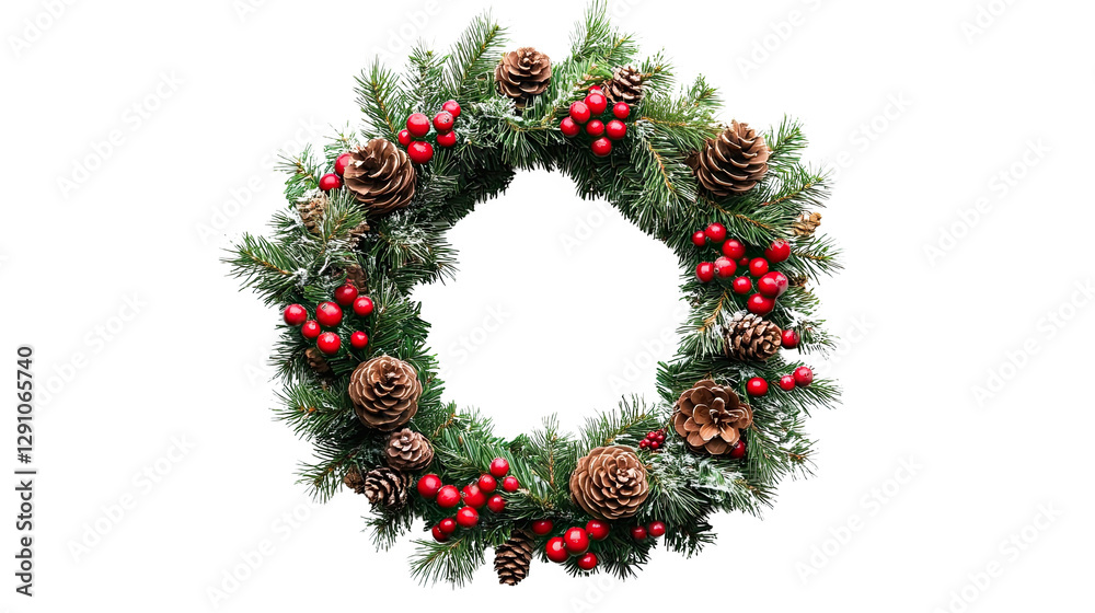 A festive wreath decorated with pine cones and red berries, perfect for holiday home decor. A festive wreath decorated with pine cones and red berries, perfect for holiday home decor.