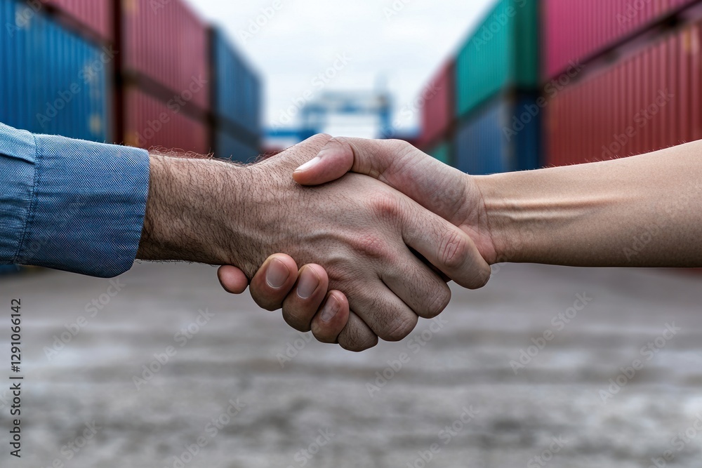 Fototapeta premium Global Business Partnership Firm Handshake Against Shipping Containers Background