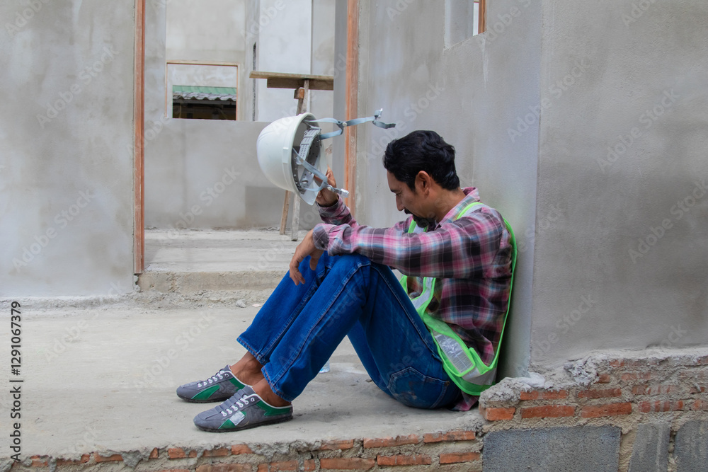 Hopeless builder worker sitting in construction site bend head down in his knee, stressed Asian employee man middle-aged worried about compensation or unemployment, insecurity life insurance planning Hopeless builder worker sitting in construction site bend head down in his knee, stressed Asian employee man middle-aged worried about compensation or unemployment, insecurity life insurance planning