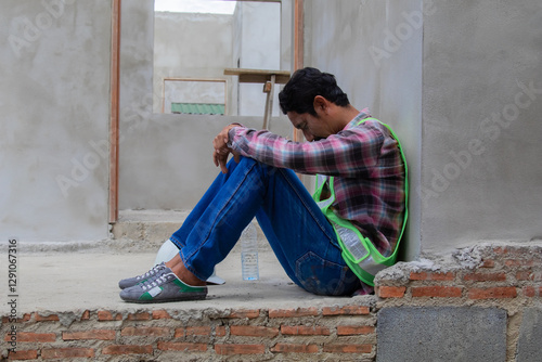 Fotografia Hopeless builder worker sitting in construction site bend head down in his knee,