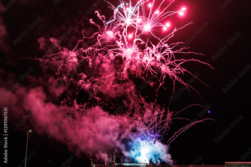 Fireworks show during Atlantic Festival in Funchal city, capital of Madeira Island, Portugal