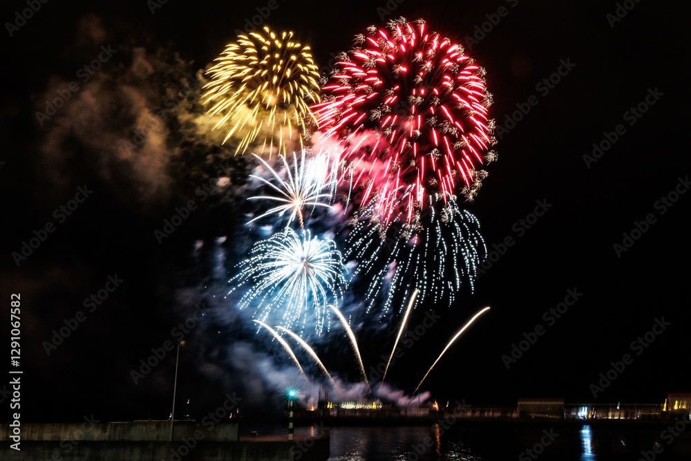 Fireworks during Atlantic Festival in Funchal city, capital of Madeira Island, Portugal