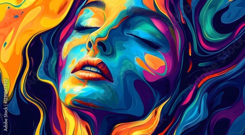 Colorful painting of a woman with a smile on her face. The painting is full of vibrant colors and has a happy, cheerful mood