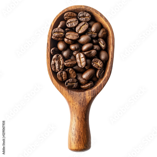 Roasted coffee beans in a wooden scoop isolated on a tan background for coffee enthusiasts and connoisseurs, roasted coffee beans in wood scoop isolated on tansparent transparent background. photo