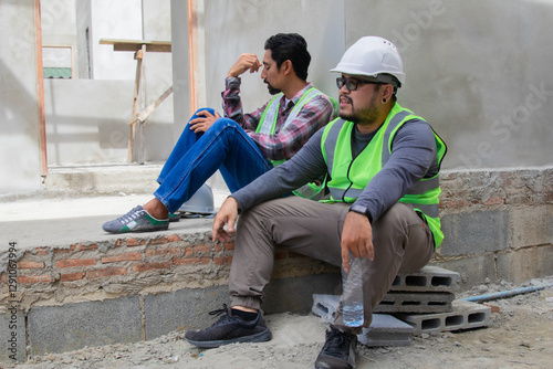 Two Asian builder workers wearing safety reflected vest and helmet tired thirsty hydrated drinking water from plastic bottle together relaxed sitting on construction site on overheated sunny day
