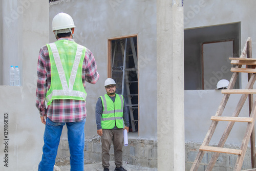 Wallpaper Mural Asian overweight foreman wearing safety vest and helmet shaking hands working with middle-aged architect male partnership on unfinished construction site property real estate small business industrial Torontodigital.ca