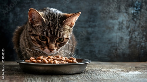 A hungry cat bending over while eating delicious food from a bowl placed on a clean kitchen floor in bright light photo