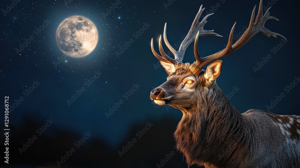 Fototapeta premium A majestic stag gazes at a full moon in a serene night sky, surrounded by twinkling stars, showcasing the beauty of wildlife.