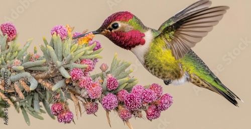 Anna's Hummingbird adult male hovering and sipping nectar. Santa Cruz, California, USA. , isolated on white background,  , copy space for text, photo
