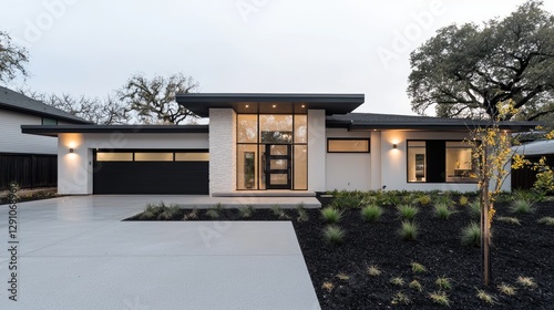 Modern luxury single-story house with illuminated windows and a concrete driveway at dusk.