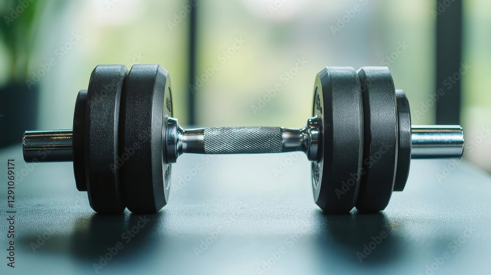 Fototapeta premium A close-up of a black dumbbell resting on a surface, with a blurred background suggesting a workout environment.