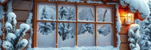 Frosty window panes on the gingerbread house reflecting the snow-covered trees, winter wonderland view, serene scene