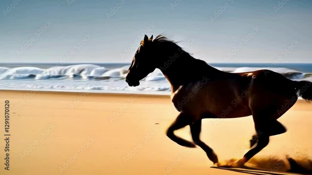 A slow-motion video of a horse galloping across a beach, its mane flowing behind it as the wind and waves create a dramatic, SLO-MO Horses running on the beach at sunset - time warp effect A slow-motion video of a horse galloping across a beach, its mane flowing behind it as the wind and waves create a dramatic, SLO-MO Horses running on the beach at sunset - time warp effect