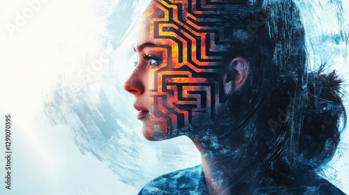 Woman's face with a maze pattern overlay, symbolizing deep thoughts, complexity, artificial intelligence, problem-solving, decision-making, and consciousness