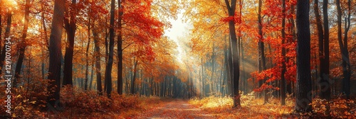 Breathtaking panoramic view of a vibrant autumn forest with golden and red leaves