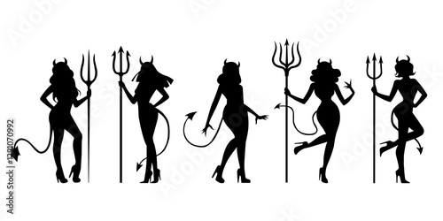 Devil woman, trident pitchfork silhouette. Devil fork—trident silhouette. Set of devil woman silhouettes isolated on a white background.