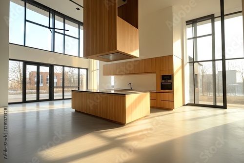 Modern Empty Kitchen, Sunny Open-Plan Interior photo