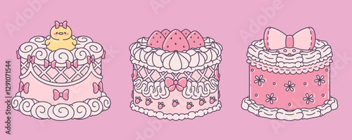 Vintage cake set with pink bows, strawberries, chick, cream swirls on soft rose background. Romantic pastry illustrations decorated with lace patterns, floral elements, tiny ribbons for wedding design