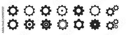 Gear setting icon set. Isolated black gears mechanism and cog wheel. Progress or construction concept, stock vector.